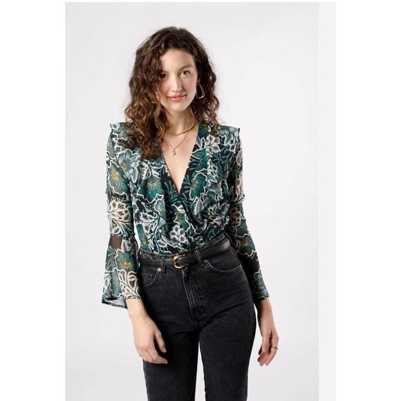 Band of the Free Tops - B.O.G. Band of‎ the Free Women's Large Bonnie Floral Bodysuit Black Emerald NWT